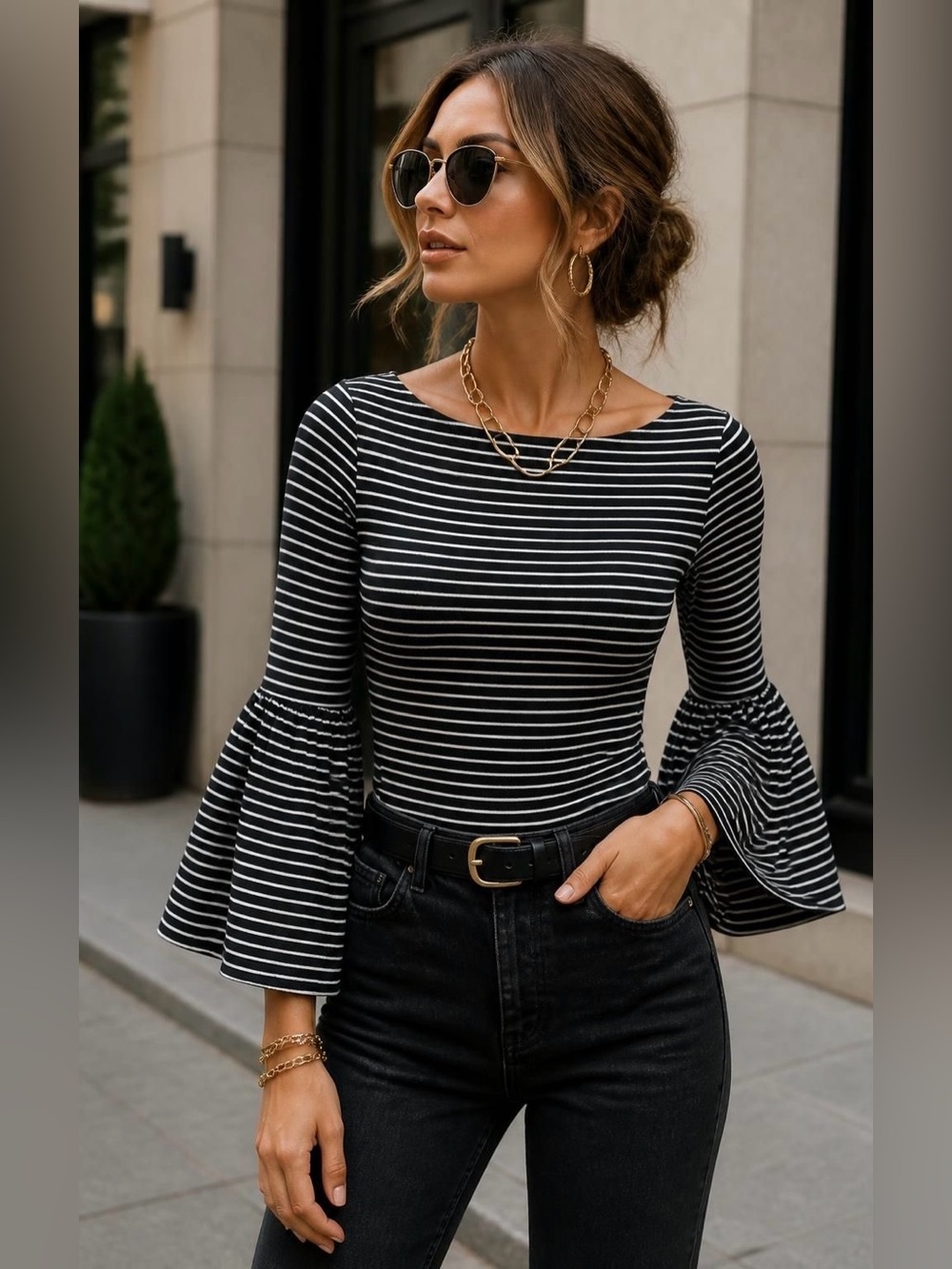 Frame Denim Black & White Striped Bell Sleeve Top M